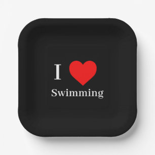 I love Swimming Typography & Red Heart Black Paper Plates