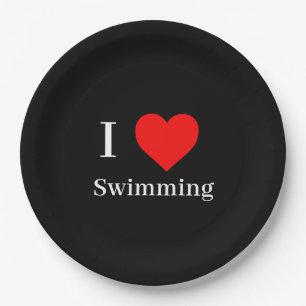 I love Swimming Typography & Red Heart Black Paper Plates