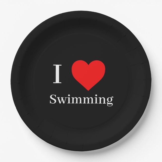 I love Swimming Typography & Red Heart Black Paper Plates (Front)