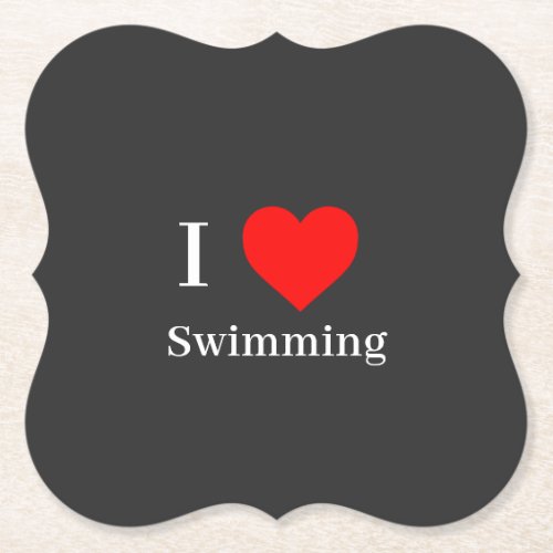 I love Swimming Typography  Red Heart Dark Gray Paper Coaster