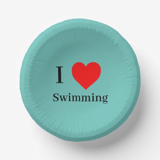 I love Swimming Typography & Red Heart Mint Green Paper Bowls (Front)