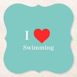 I love Swimming Typography & Red Heart Mint Green Paper Coaster