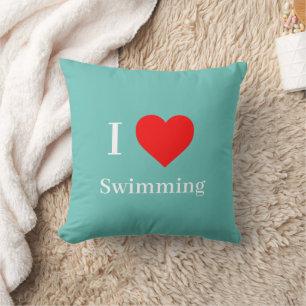 I love Swimming Typography & Red Heart Mint Green Throw Pillow