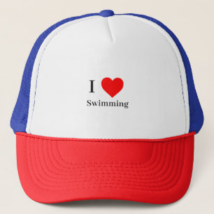 I love Swimming Typography & Red Heart Trucker Hat