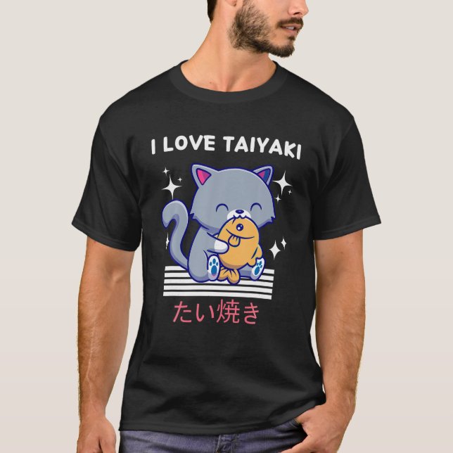 I Love Taiyaki Cute Kawaii Cat Eats Taiyaki Japane T-Shirt (Front)