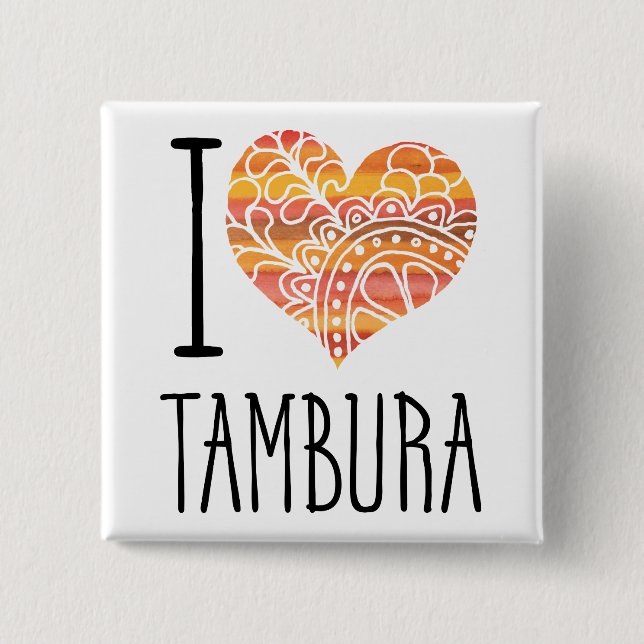 I Love Tambura Orange Mandala Heart Button (Front)