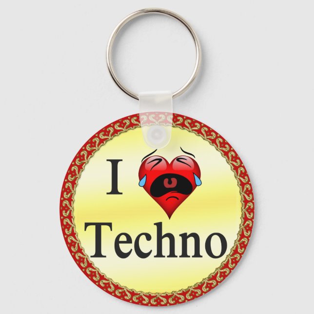 I love techno With a funny red heart singing Keychain (Front)