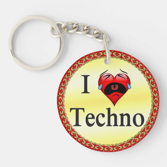 I love techno With a funny red heart singing Keychain (Front)