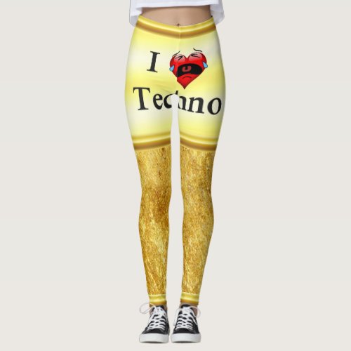I love techno With a funny red heart singing Leggings