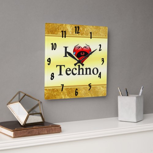I love techno With a funny red heart singing Square Wall Clock