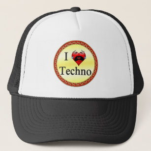 I love techno With a funny red heart singing Trucker Hat