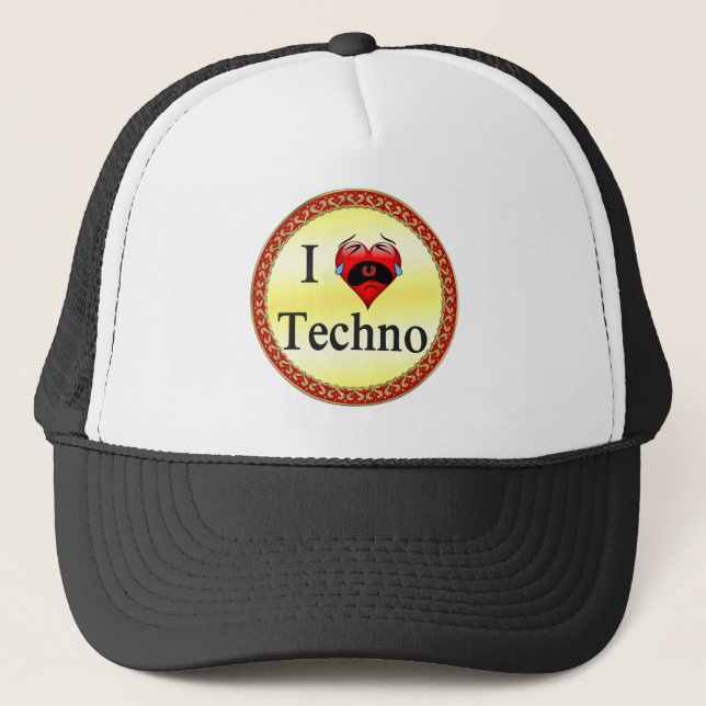I love techno With a funny red heart singing Trucker Hat (Front)