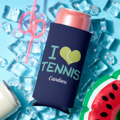 I Love Tennis Cute Custom Personalized Navy Blue Seltzer Can Cooler