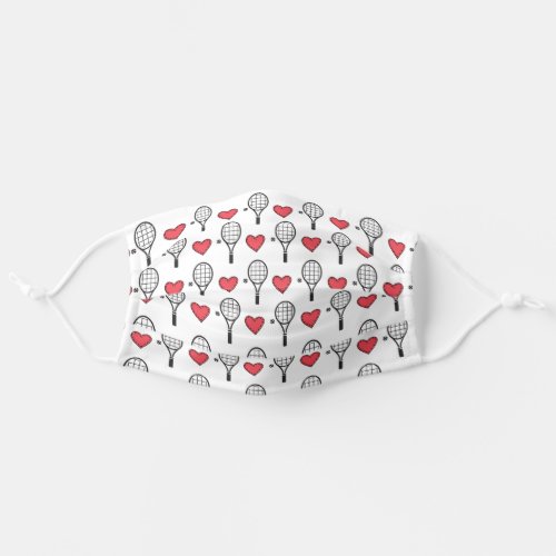 I Love Tennis Rackets and Red Hearts White Pattern Adult Cloth Face Mask