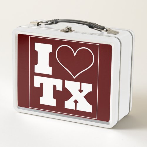 I Love Texas Maroon Metal Lunch Box