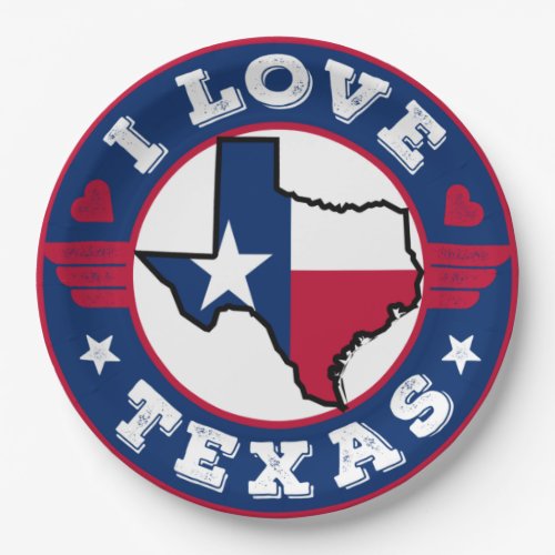 I Love Texas State Map and Flag Paper Plates