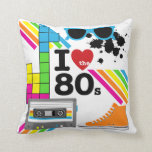 I Love the 80s Pillow<br><div class="desc">Bright colors and a fun design on I Love the 80s pillow, featuring a high top sneaker, ink spots, rainbow stripes, sunglasses, cassette tape, and a red heart with "I Love the 80s" text.</div>