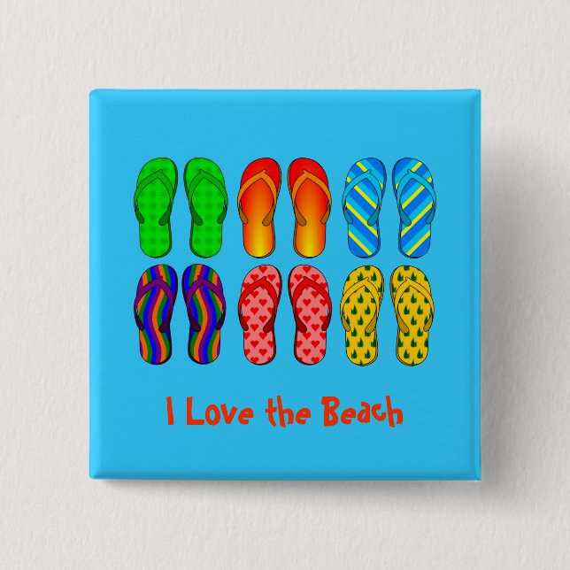I Love the Beach - Colorful Flip Flops Button (Front)