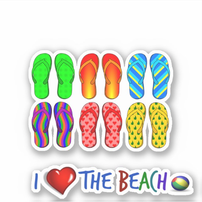 I Love the Beach, colorful flip-flops Sticker (Front)