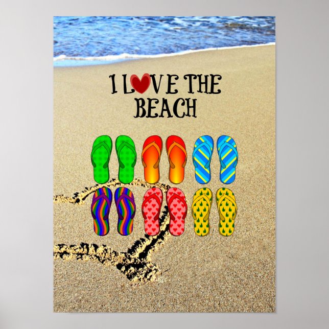 I Love the Beach, Flip Flops in the Sand Poster (Front)