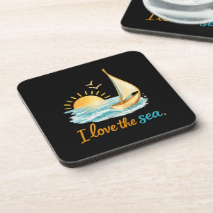 I Love the Sea Sailboat Sunset Ocean Illustration  Beverage Coaster