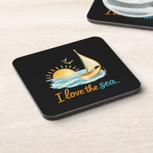 I Love the Sea Sailboat Sunset Ocean Illustration  Beverage Coaster (Left Side)