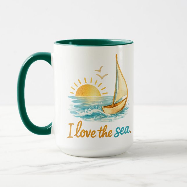 I Love the Sea Sailboat Sunset Ocean Illustration  Mug (Left)