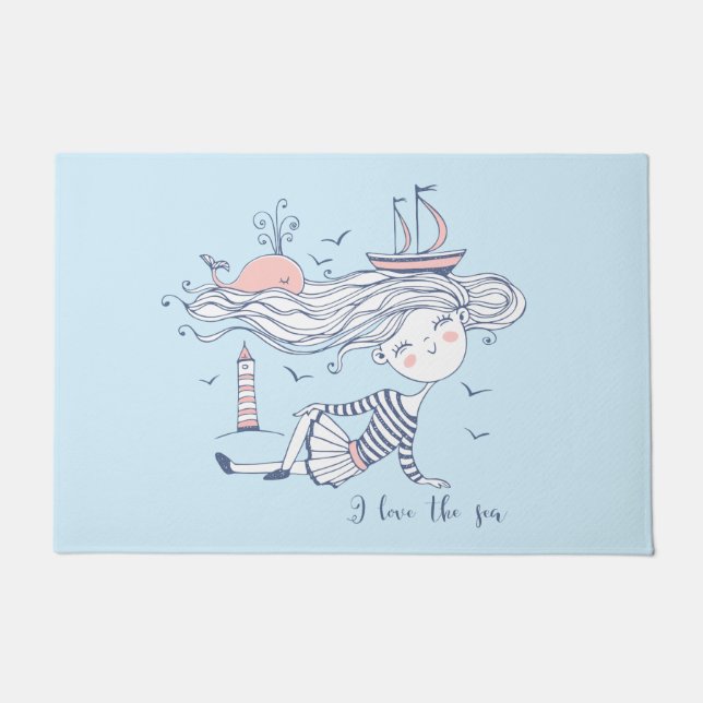 I Love the Sea Whimsical Nautical  Doormat (Front)