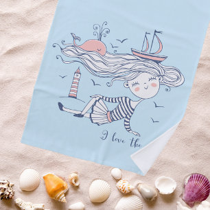 I Love the Sea Whimsical Nautical Personalized Beach Towel