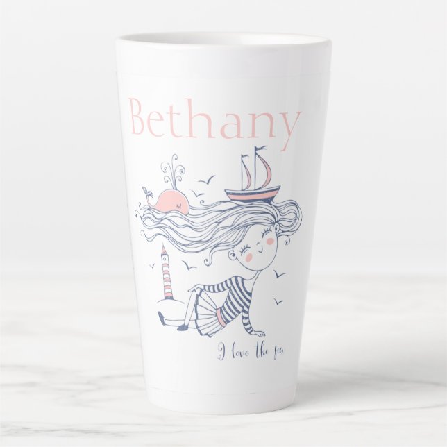I Love the Sea Whimsical Nautical Personalized  Latte Mug (Front)