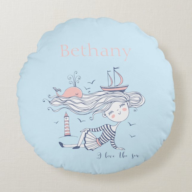 I Love the Sea Whimsical Nautical Personalized  Round Pillow (Front)