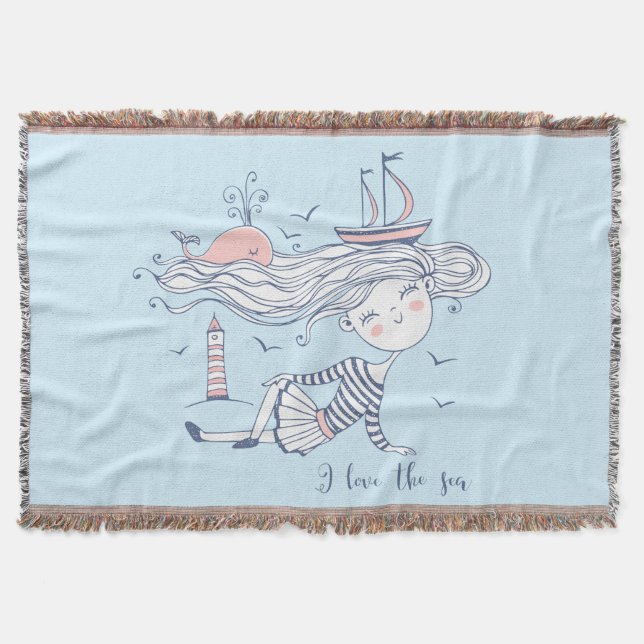 I Love the Sea Whimsical Nautical  Throw Blanket (Front)
