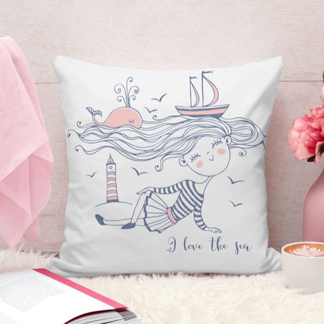 I Love the Sea Whimsical Nautical  Throw Pillow (Creator Uploaded)