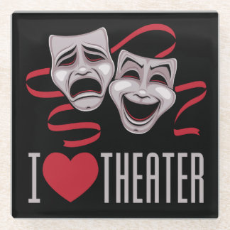 I Love Theater Comedy And Tragedy Masks Glass Coaster