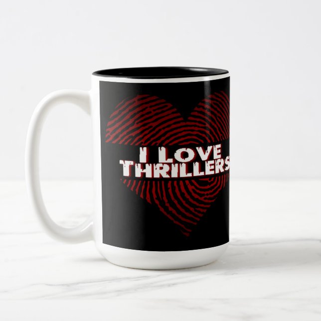 I Love Thrillers Black Two-Tone Coffee Mug (Left)