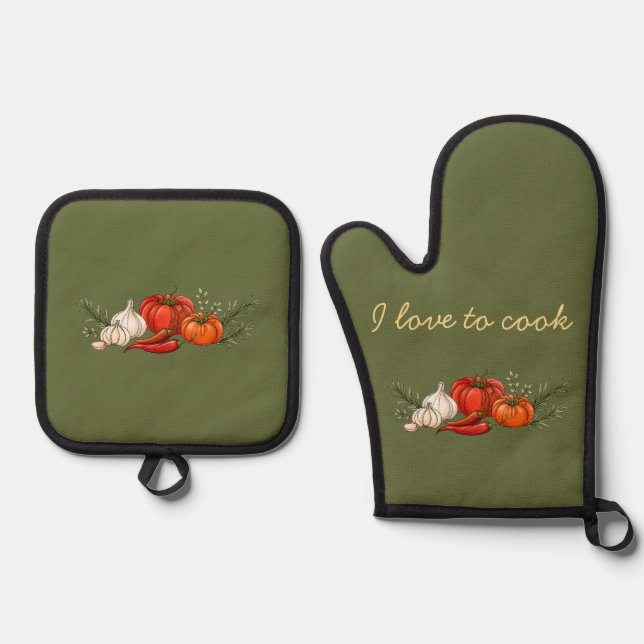I Love to Cook Oven Mitt and Pot Holder Set (Front)