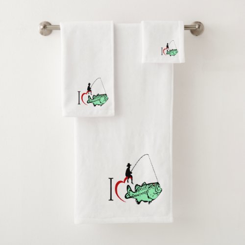 I love to go fishing with a red heart bath towel set