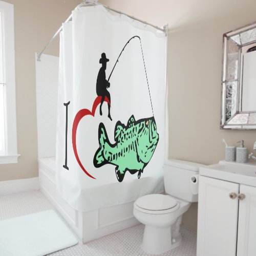 I love to go fishing with a red heart shower curtain