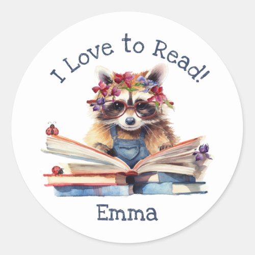 I Love to Read with Cute Baby Raccoon Classic Round Sticker
