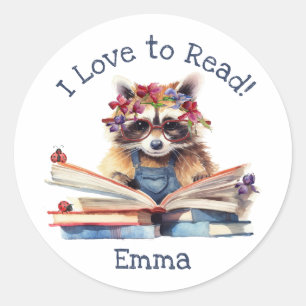 I Love to Read with Cute Baby Raccoon Classic Round Sticker
