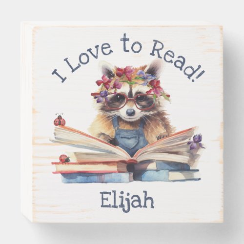 I Love to Read with Cute Baby Raccoon Wooden Box Sign