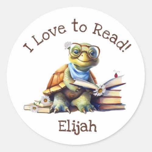 I Love to Read with Cute Baby Turtle Classic Round Sticker