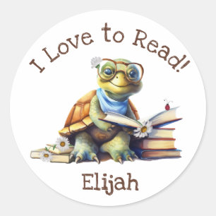 I Love to Read with Cute Baby Turtle Classic Round Sticker
