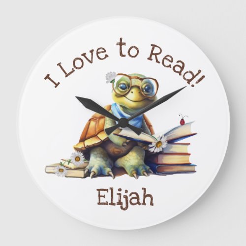 I Love to Read with Cute Baby Turtle Large Clock