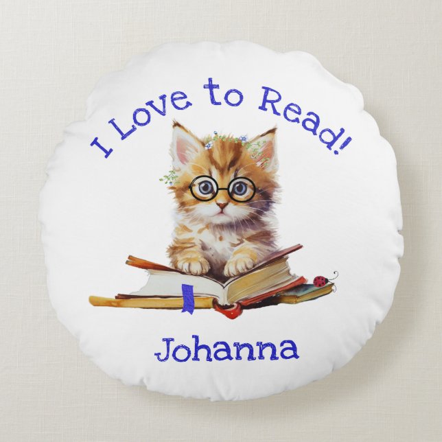 I Love to Read with Cute Kitten Round Pillow (Front)