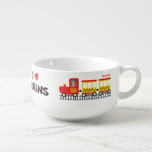 I Love Trains Colorful Kids Photo and Name Dinner Soup Mug