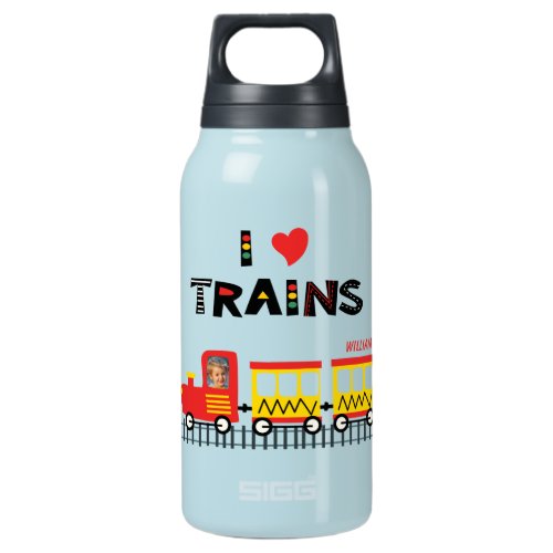 I Love Trains Colorful Kids Photo and Name Insulated Water Bottle