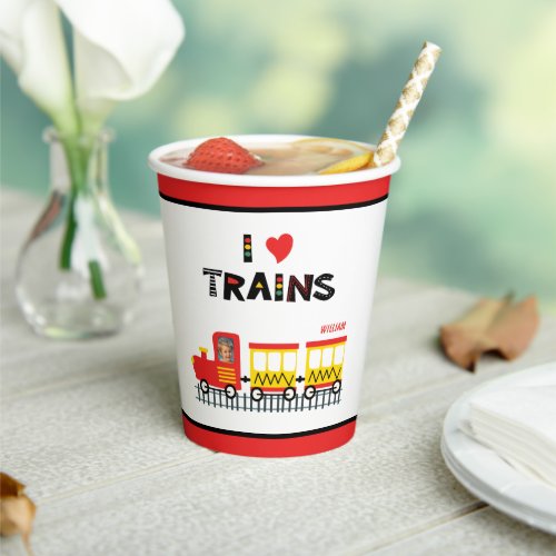 I Love Trains Colorful Kids Photo and Name Party Paper Cups