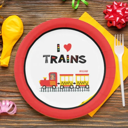 I Love Trains Colorful Kids Photo and Name Party Paper Plates