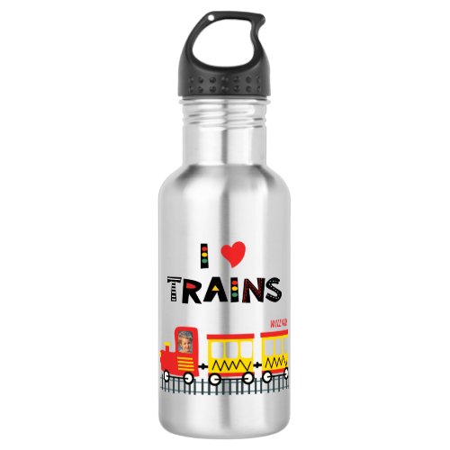 I Love Trains Colorful Kids Photo and Name Stainless Steel Water Bottle